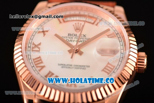 Rolex Day-Date Asia 2813/Swiss ETA 2836/Clone Rolex 3135 Automatic Rose Gold Case with Roman Numeral Markers and White MOP Dial (BP) - Click Image to Close